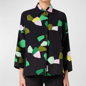 Akris Punto Kaleidoscope Print Top Blouse Black Green Pink Dots Embroidered 8